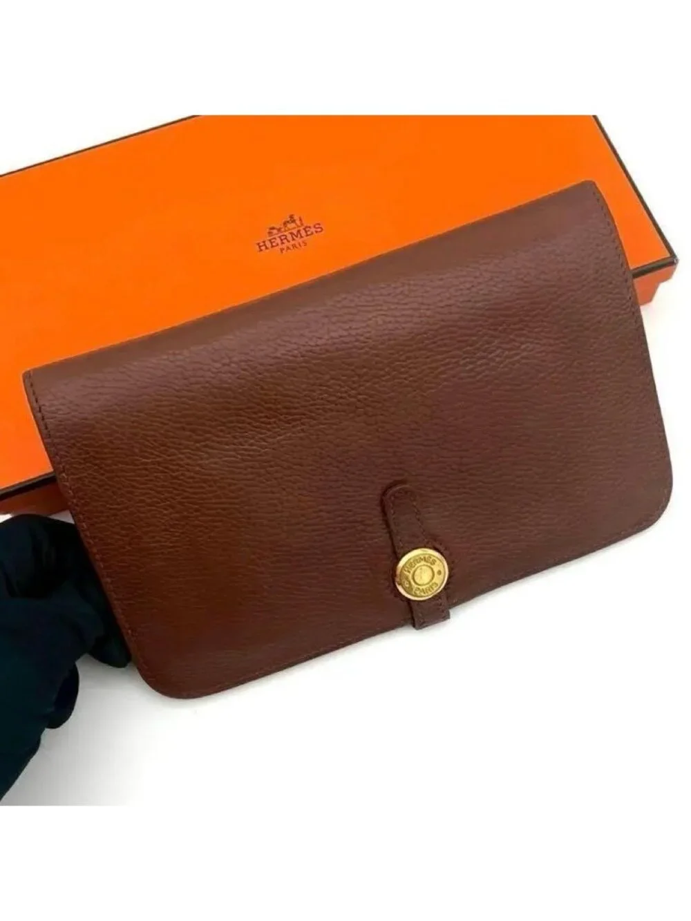 Hermes Dogon GM Togo Wallet Brown Silver Leather